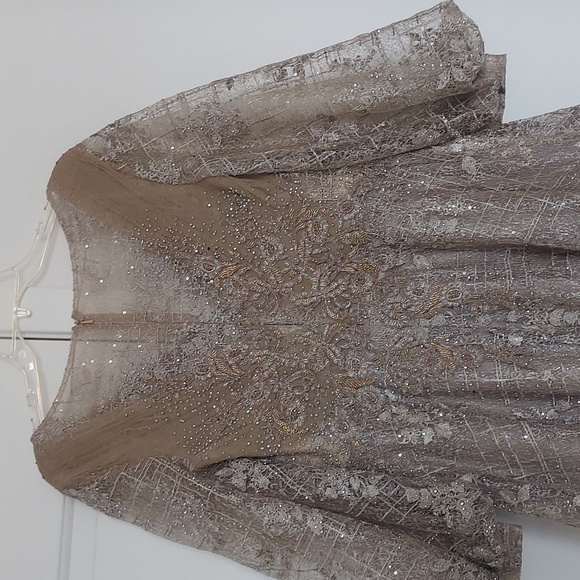 New Mac Duggal Sequin Lace Embroidery champagne colored A-line gown - Picture 5 of 7